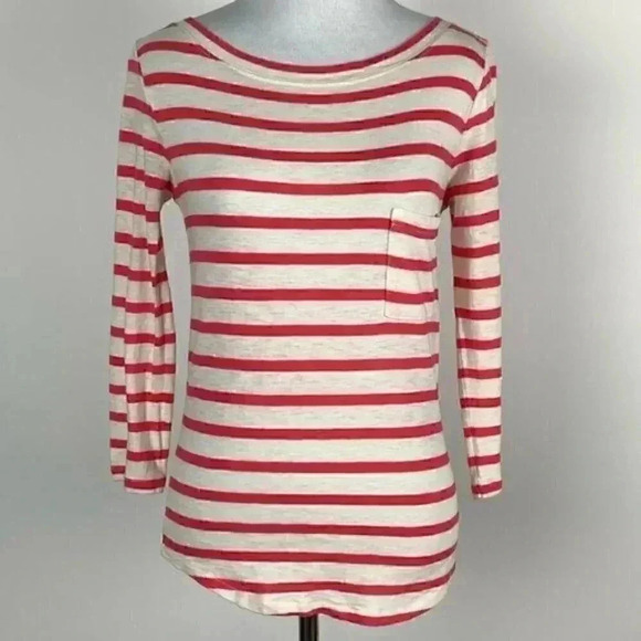 J Crew top size XXS Pink white striped 3/4 sleeve - Picture 2 of 10